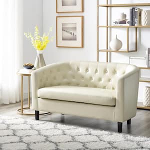 49 in. Midcentury Modern Cream Button Tufted Faux Leather 2-Seat Loveseat