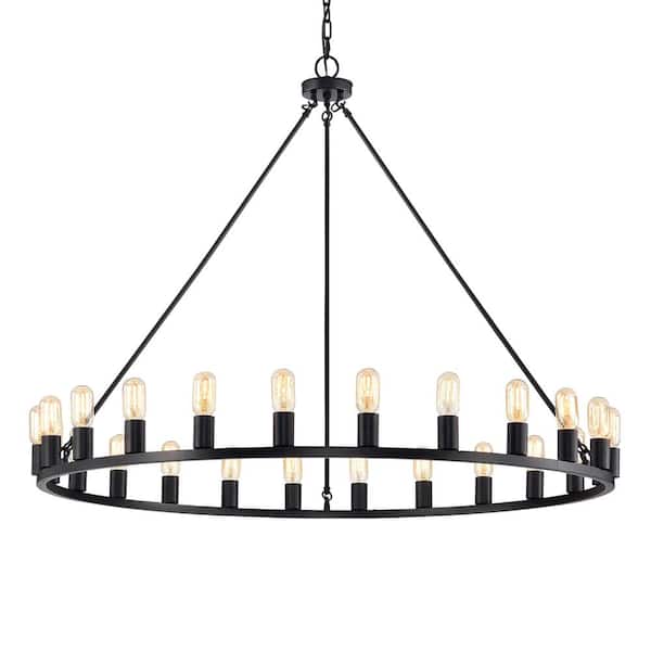 Liam 106 in. 24-Light Indoor Matte Black Finish Wagon Wheel Chandelier with Light Kit