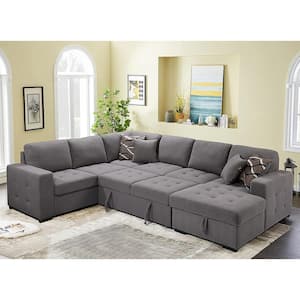 123 in. U Shaped Pull Out Sectional Sofa Bed Couch with Storage Chaise and Pillows for Large Space Dorm Apartment, Gray