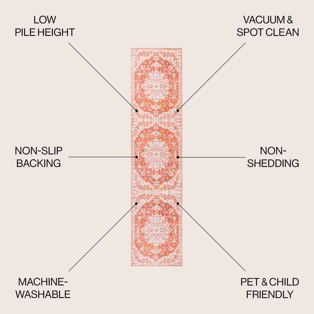 Ornate Medallion Washable Orange and Cream Synthetic Runner Rug
