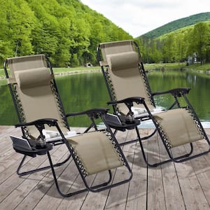 Folding Zero Gravity Metal Frame Recliner Outdoor Lounge Chair With Side Tray, Adjustable Headrest in Beige (2-pack）