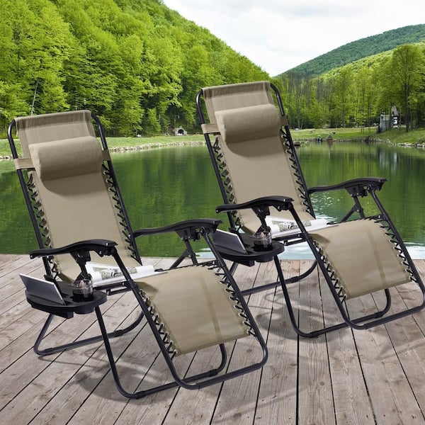 Sonkuki Folding Zero Gravity Metal Frame Recliner Outdoor Lounge Chair With Side Tray, Adjustable Headrest in Beige (2-pack）