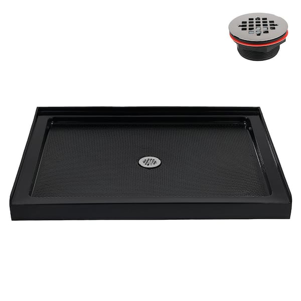48 in. L x 36 in. W Alcove Acrylic Shower Pan Base in Glossy Black with Center Drain, Drain Included