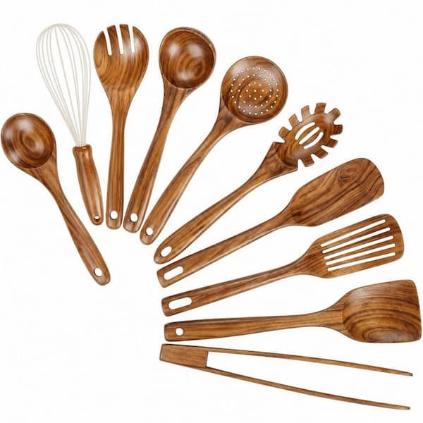 10-Piece Natural Teak Wooden Non-Stick High Temperature Resistant Spatula Ladle Cookware Set for Cooking