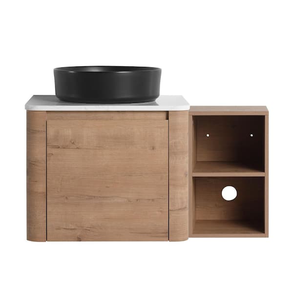 36 in. Wall-Mounted Imitative Oak Bath Vanity with White Engineered Stone Top and 1-Storage Shelves Unassembled