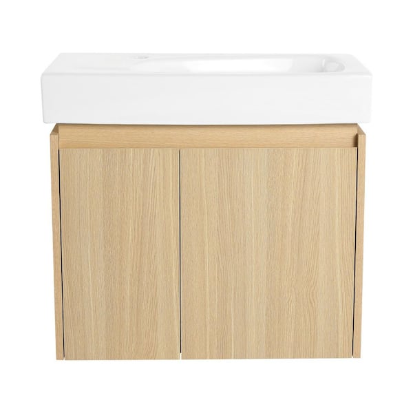 23.62 in. W x 14.37 in. D x 21.26 in. H Wall Mounted Bathroom Vanity in Light Brown with White Resin Basin Top