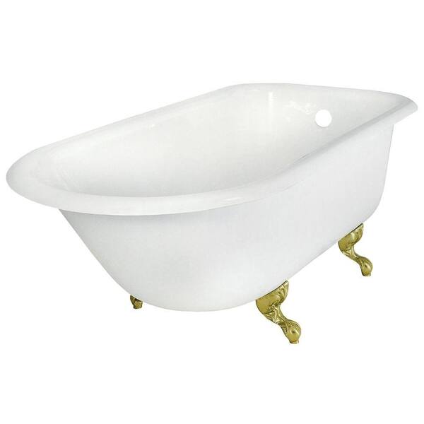 Elizabethan Classics 60 in. Roll Top Cast Iron Tub Less Faucet Holes in White with Ball and Claw Feet in Polished Brass