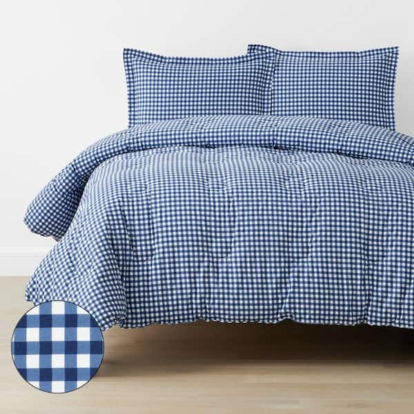 The Company Store Gingham Navy Organic Cotton Percale Twin XL Sheet Set, Blue