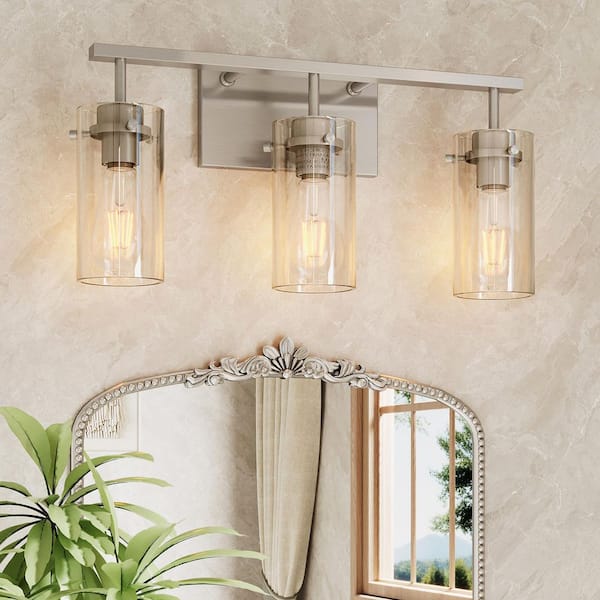 20 in. 3-Light Brushed Nickel Bathroom Vanity Light with Clear Glass Shade, No Bulbs Included