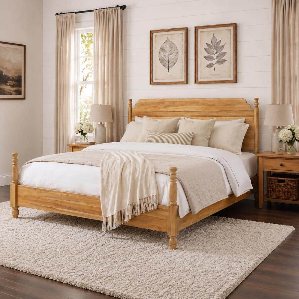 Teak Brown Wood Frame Queen Size Platform Bed with Headboard price history on PriceWatchPro