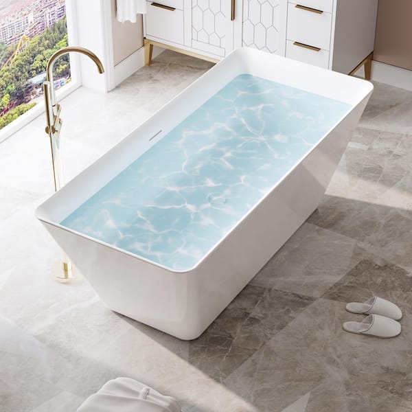66 in. x 30 in. Acrylic Rectangular Flat Bottom Freestand Soaking Bathtub with Center Drain in Glossy White