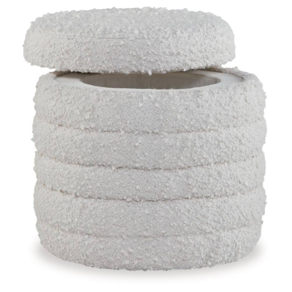 Ivory White Round Storage Ottoman with Textured Fabric