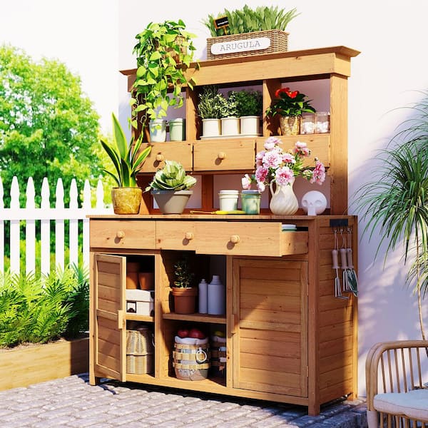 Unbranded 50 in. W x 20 in. D x 65 in. H Natural Wooden Garden Potting Bench Table with 3 Shelves, 6 Drawers, 2 Bottom Cabinets