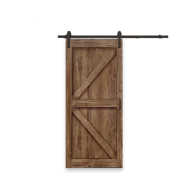 CALHOME 36 in. x 84 in. K Series Pre Assembled Walnut Finished MDF Interior Sliding Barn Door with Hardware Kit and Door Handle