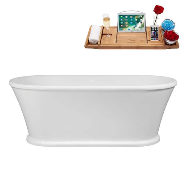 65 in. x 31 in. Acrylic Freestanding Soaking Bathtub in Glossy White With Brushed Nickel Drain, Bamboo Tray