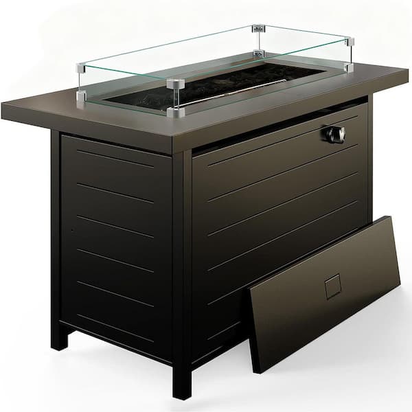 42.13 in. X 22 in. Black Rectangle Steel 60,000 BTU Propane Fire Pit Table - Lava Rocks, Steel Lid