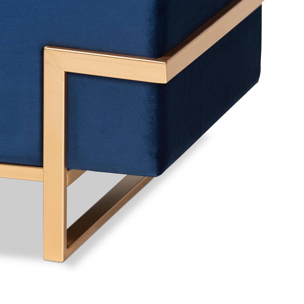Parker Navy Blue Velvet and Gold Metal Storage Ottoman