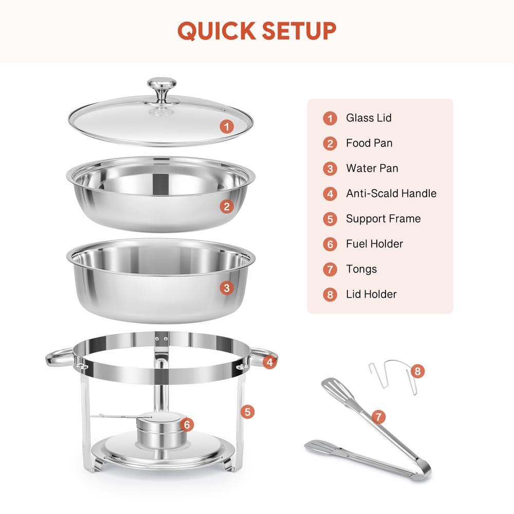 Premium Stainless Steel Round Chafing Dish Set, 6 QT, 4 Pack