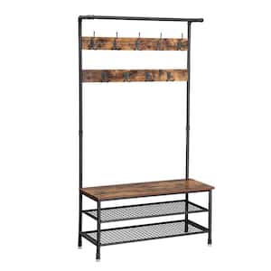 Brown and Black Metal with Wooden Bench 2-Wire Meshed Shelved Coat Rack