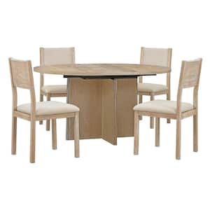 Retro 5-Piece Natural MDF Top Extendable Dining Set with 4 Upholstered Chairs and a 16 in. Leaf