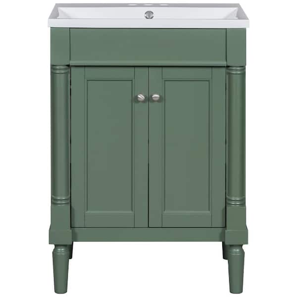 FUNKOL 24 in. W x 18 in. D x 34 in. H Single Sink Freestanding Bath Vanity in Green with White Resin Top