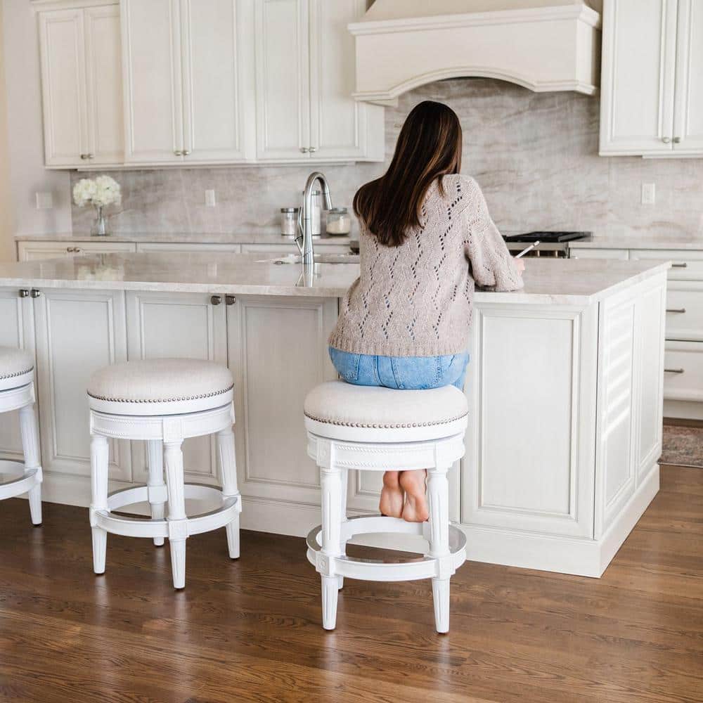 Alabaster White Swivel Backless Bar Stool with Hand-Carved Wood