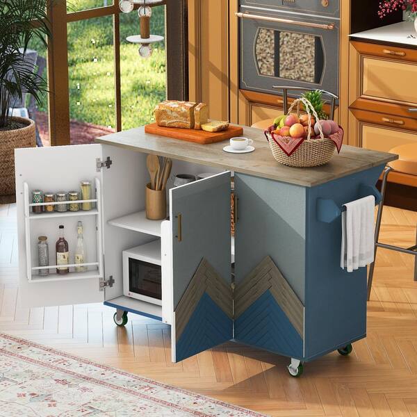 Runesay Navy Blue Rubberwood Drop Leaf 52 in. Retro Kitchen Island Cart Accent Cabinet with Internal Storage Rack and 3 Door KIG3156581162