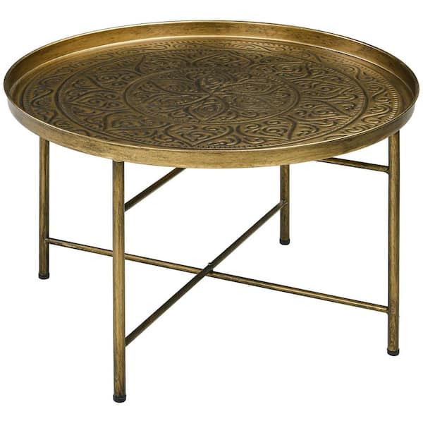24 Inch Round Coffee Table with Hammered Tray Top, Vintage Metal Center Table for Living Room, Bedroom, Side Table, Gold