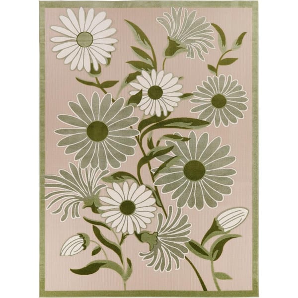 Aloha Ivory Green 12 ft. x 15 ft. Botanical Contemporary Indoor/Outdoor Area Rug