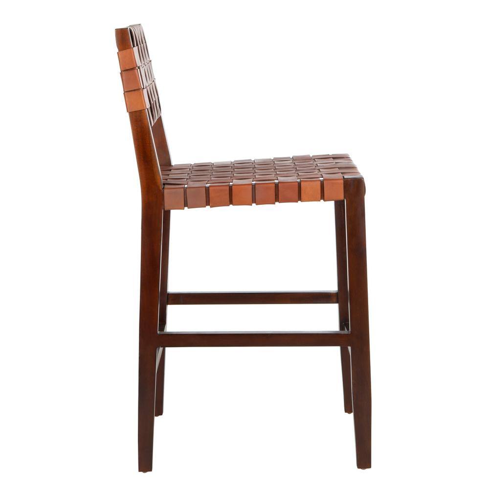 Cognac Woven Leather and Walnut Counter Stool