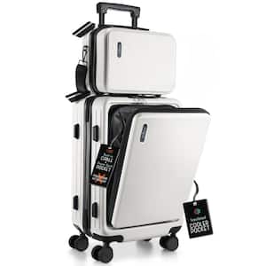 2-Piece White Hard Carry-On Weekender Luggage Set Expandable Spinner Airline Approved Suitcase, Exterior USB port