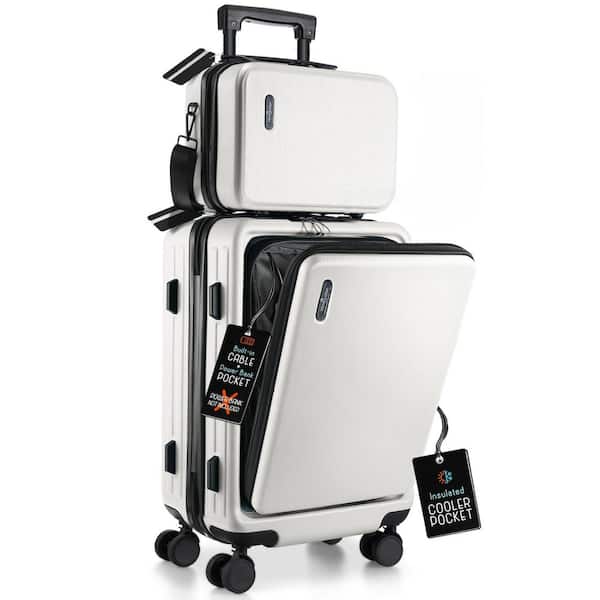 2-Piece White Hard Carry-On Weekender Luggage Set Expandable Spinner Airline Approved Suitcase, Exterior USB port
