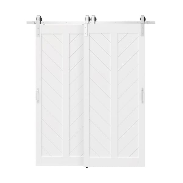 72 in. x 84 in. White, Herringbone, MDF,Primed, Double V-Frame Brushed Nickel Bypass Sliding Barn Door with Hardware Kit