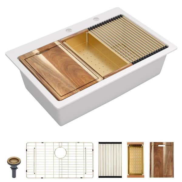 33 in. Matte White Durable Quartz Granite Composite Kitchen Sink-Drop-In Workstation Single Bowl with Accessories