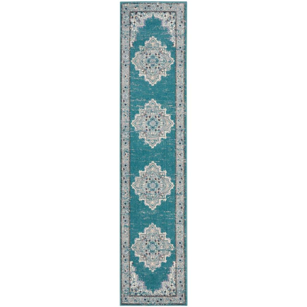 Nourison Passion Turquoise Grey 2 Ft X 10 Ft Bordered Transitional   Turquoise Grey Nourison Area Rugs 018632 64 1000 