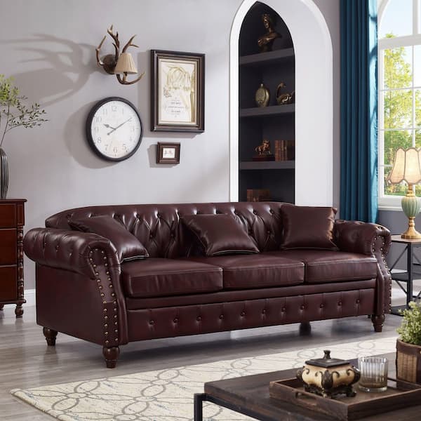85.8 in. W Flared Arm Faux Leather Classic Curved Sofa in Burgundy, 3-Seater Sofa with Storage