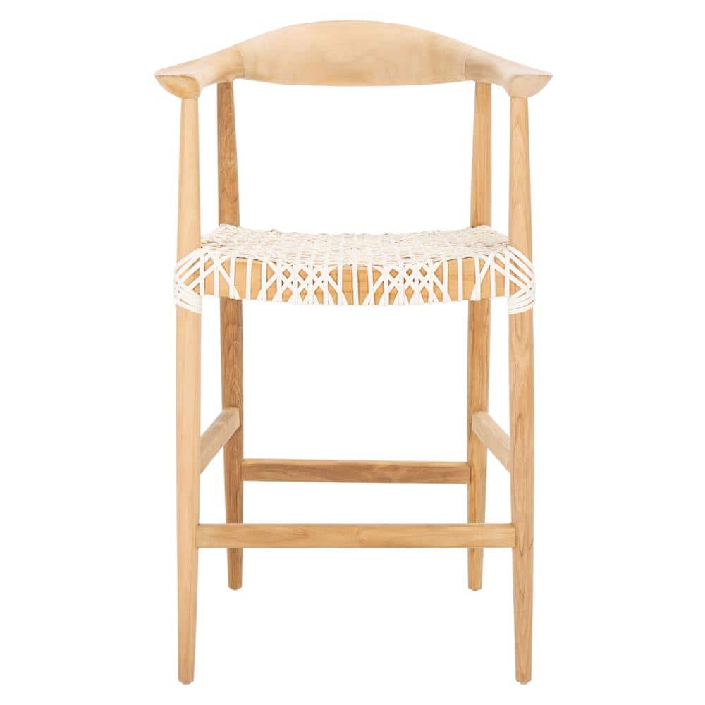Curved Natural Teak & Woven White Leather Counter Stool