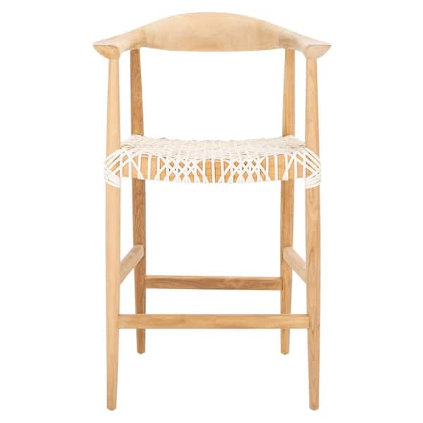 SAFAVIEH Bandelier 27.16 in. Natural/White Wood Frame Counter Stool with Leather Seat