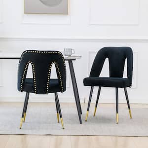 Black Velvet Upholstered Dining Chair with Nailheads and Gold Tipped Black Metal Legs Set of 2