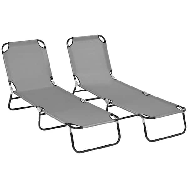 Outsunny Dark Gray 2-Piece Metal Outdoor Folding Chaise Lounge with 5-Level Reclining Back