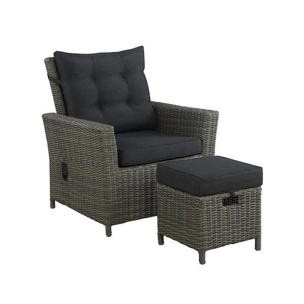 Pure Garden Asti 2-Piece All-Weather Wicker Outdoor Recliner with Dark Gray Cushion and 15 in. Ottoman with Dark Gray Cushion