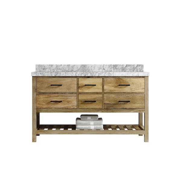 Willow Collections Parker Mango 60 in. W x 22 in. D x 36 in. H Double Sink Bath Vanity in Natural Mango with 2 in. Carrara Marble Top