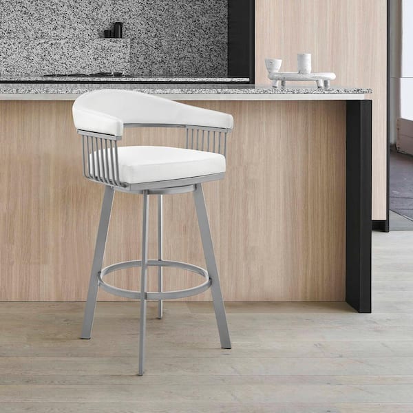 Armen Living Bronson 30 in. Bar Height Low Back Swivel Bar Stool in Silver and White Faux Leather