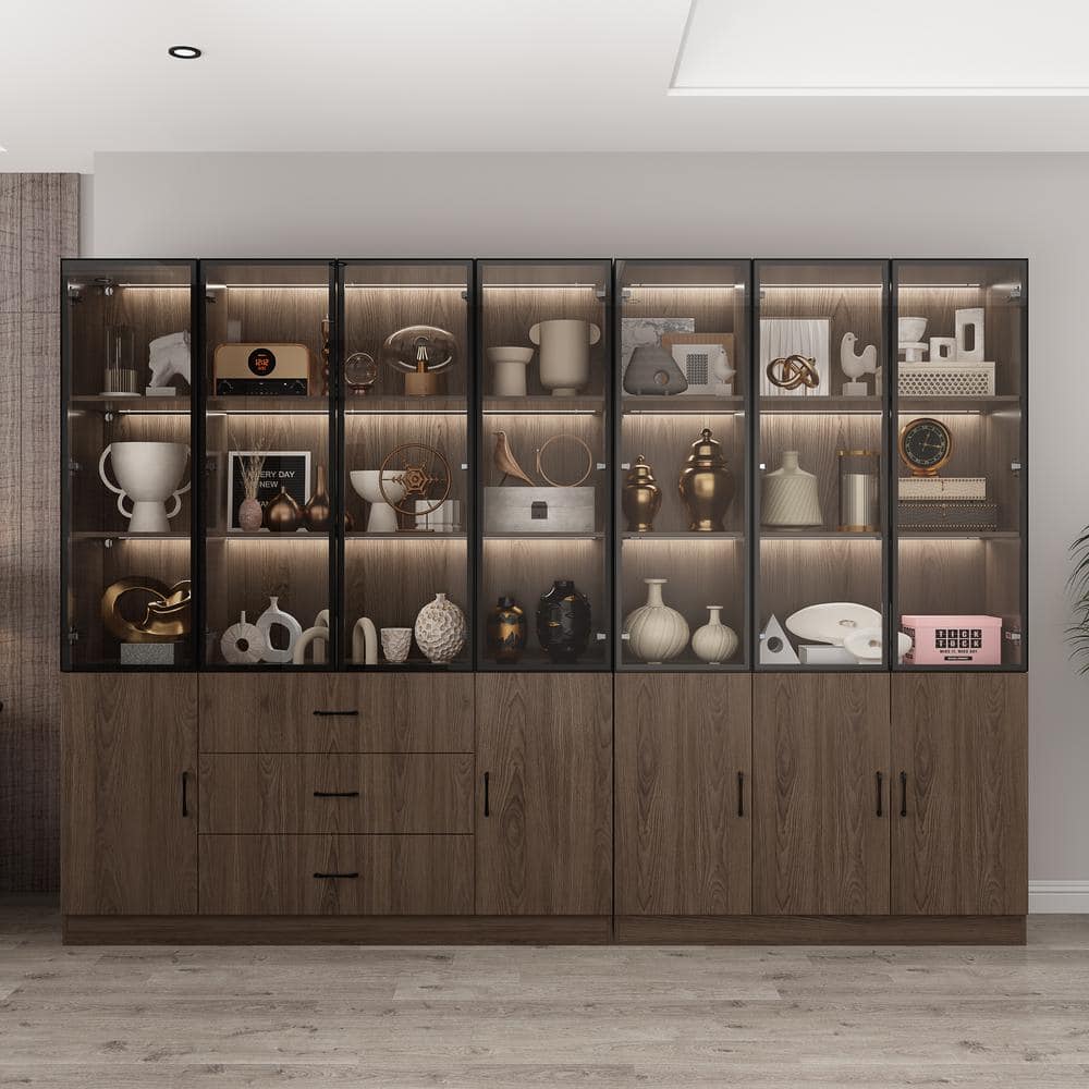 78.7 in. Tall x 110.2 in. W, Brown Wood 23-Shelf Accent Bookcase with Glass Doors, Lights, Drawers, Adjustable Shelves price history on PriceWatchPro