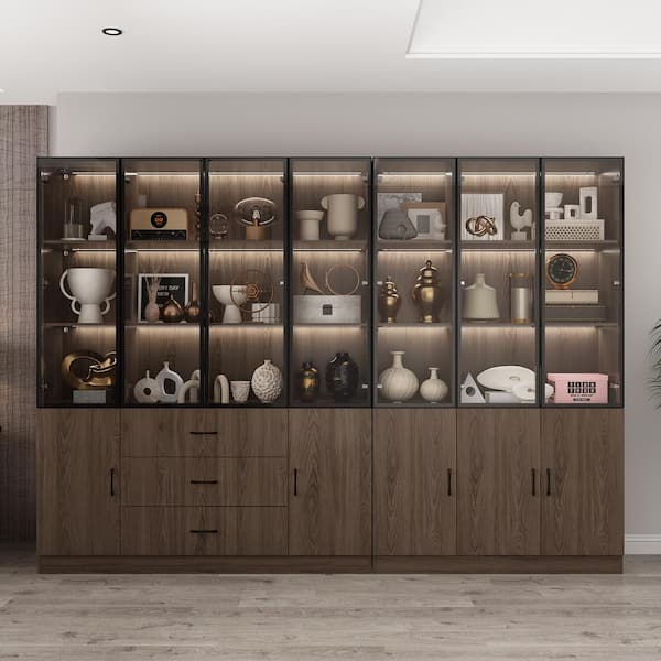78.7 in. Tall x 110.2 in. W, Brown Wood 23-Shelf Accent Bookcase with Glass Doors, Lights, Drawers, Adjustable Shelves