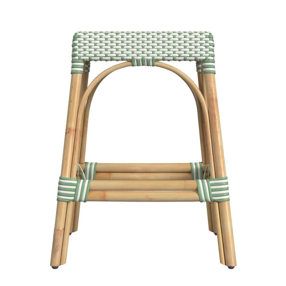 24.5" White and Green Rattan Backless Counter Stool