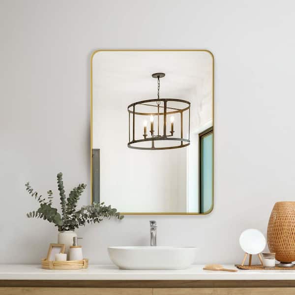 24 in. W x 36 in. H Framed Rectangular Anti-Fog Wall Mount Bathroom Vanity Mirror in Gold