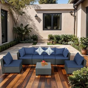 Patio Furniture Set 7-Pieces Wicker Outdoor Sectional Conversation with Couch Chairs, Coffee Table, Dark Blue Cushions