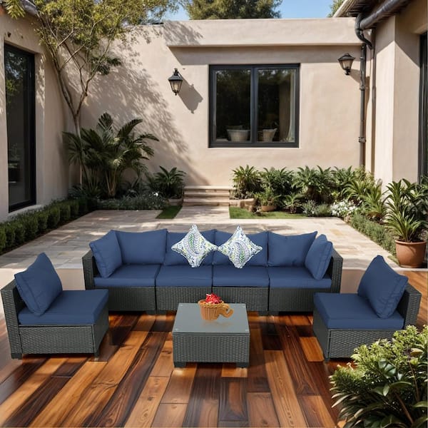 Unbranded Patio Furniture Set 7-Pieces Wicker Outdoor Sectional Conversation with Couch Chairs, Coffee Table, Dark Blue Cushions