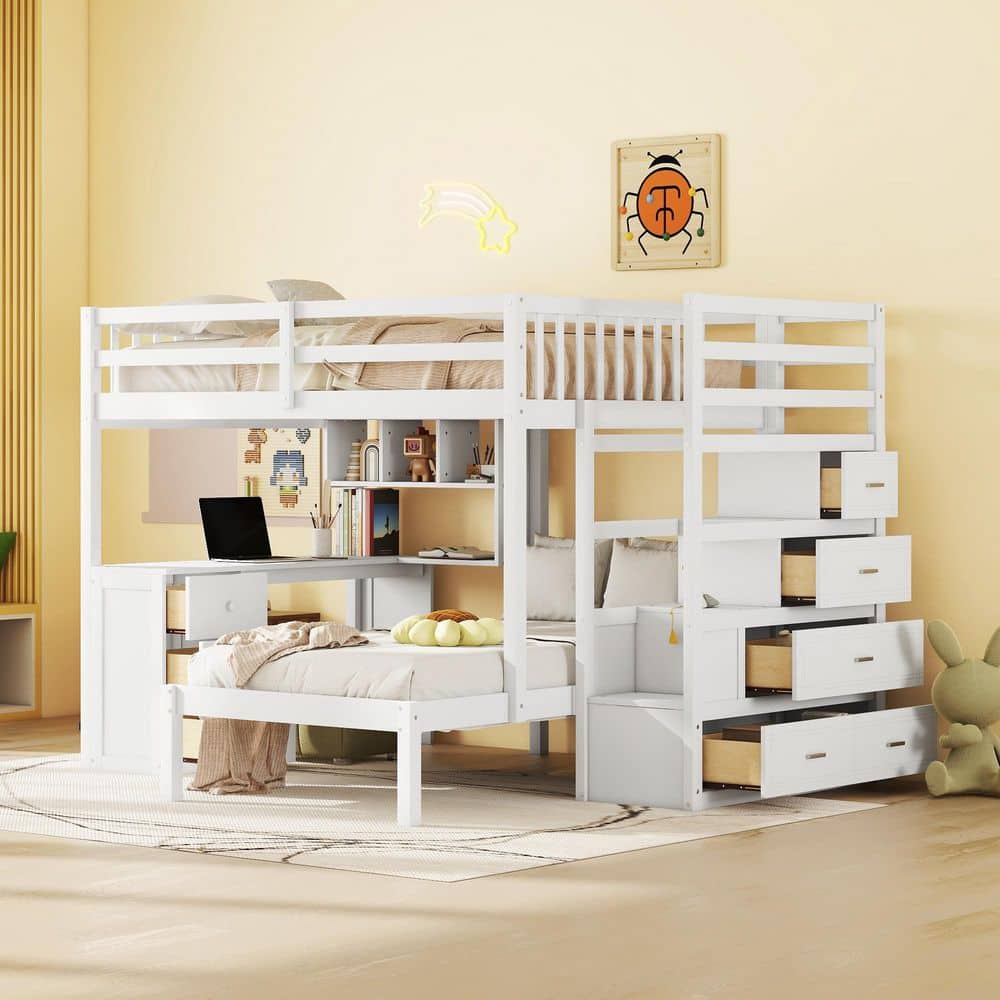 bunki Harper & Bright Designs White Twin Over Twin Wood Bunk Bed